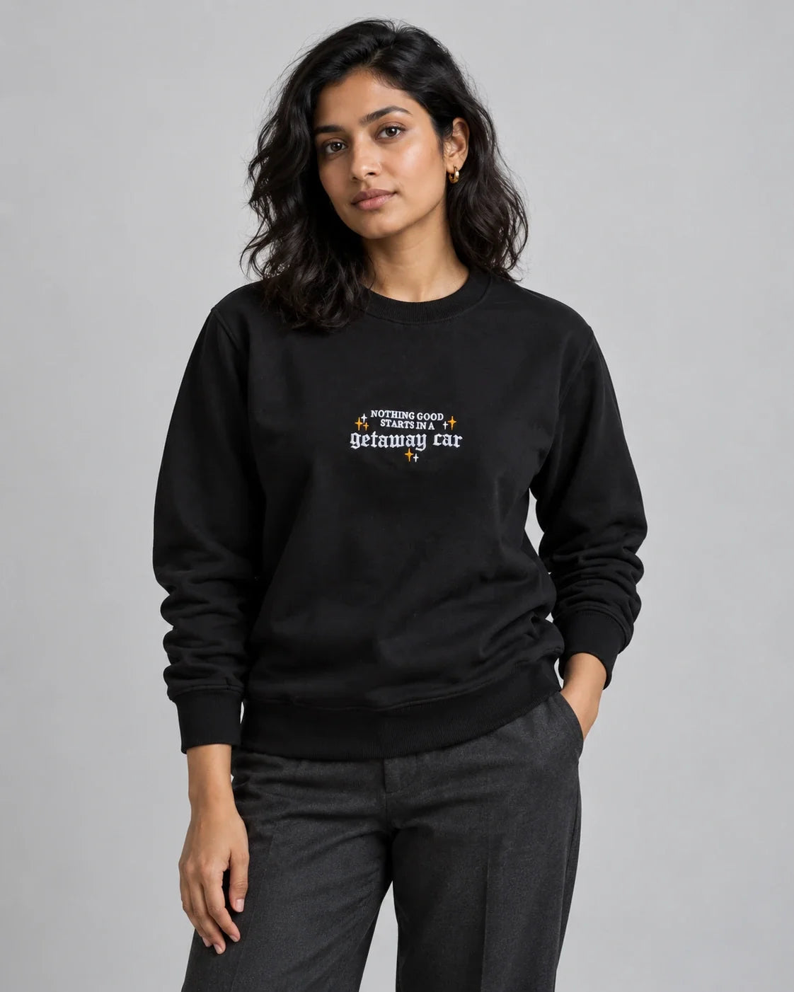 AI-assisted styling of Getaway Car; original garment photograph is the product reference