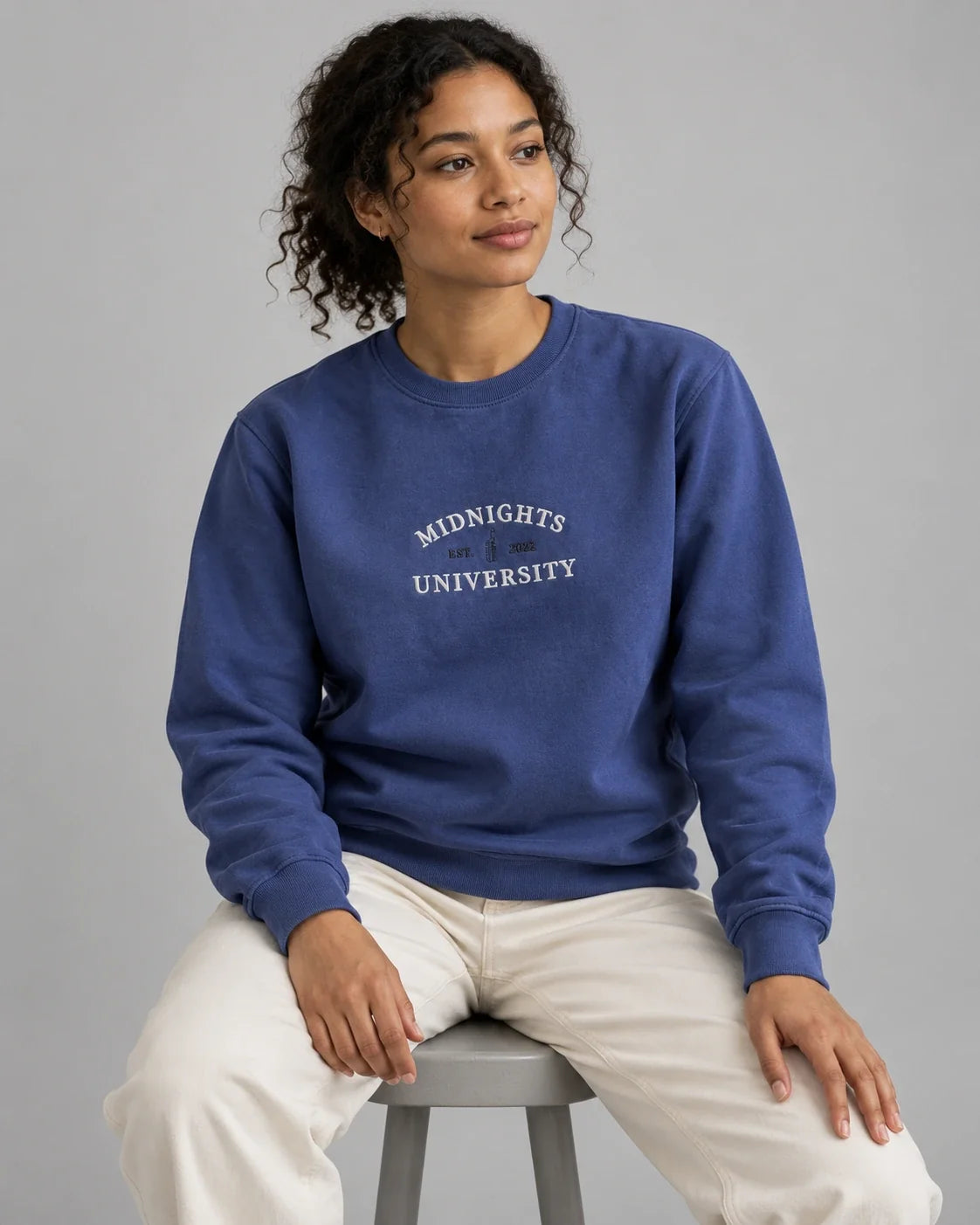 AI-assisted styling of Midnights University; original garment photograph is the product reference