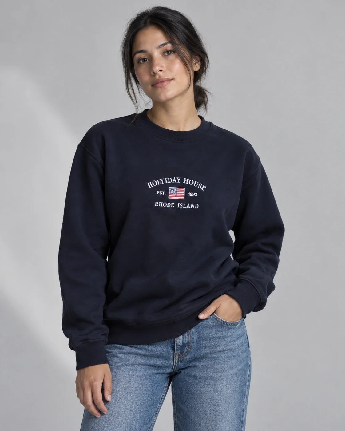 AI-assisted styling of Navy Collegiate; original garment photograph is the product reference
