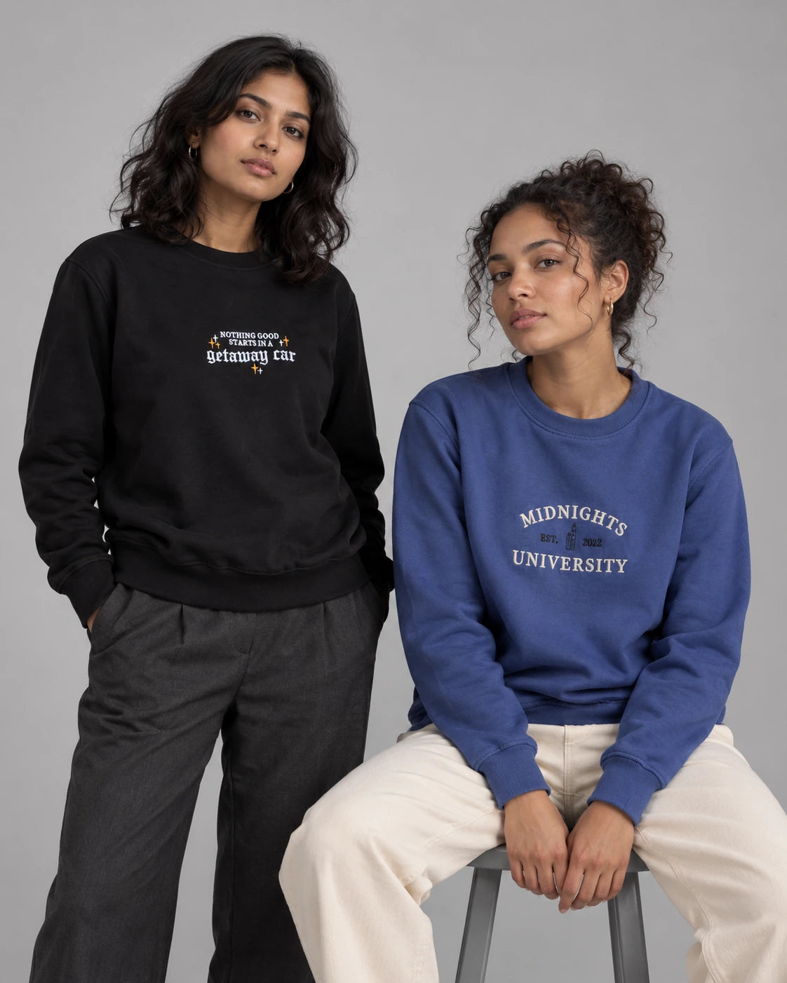 Choruslane embroidered sweatshirts styled in a clean studio